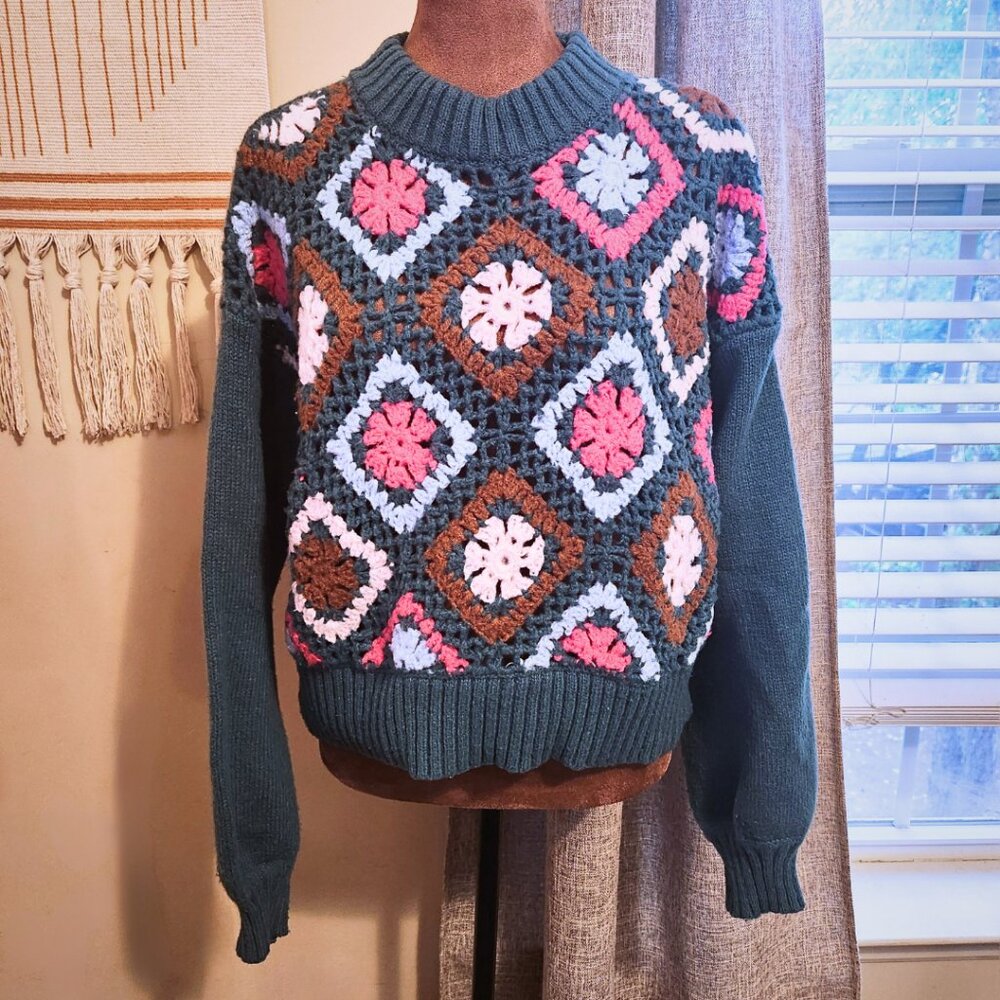 Dreamers by Debut Green Granny Square Mock Neck Sweater | Cottagecore | Size S-M